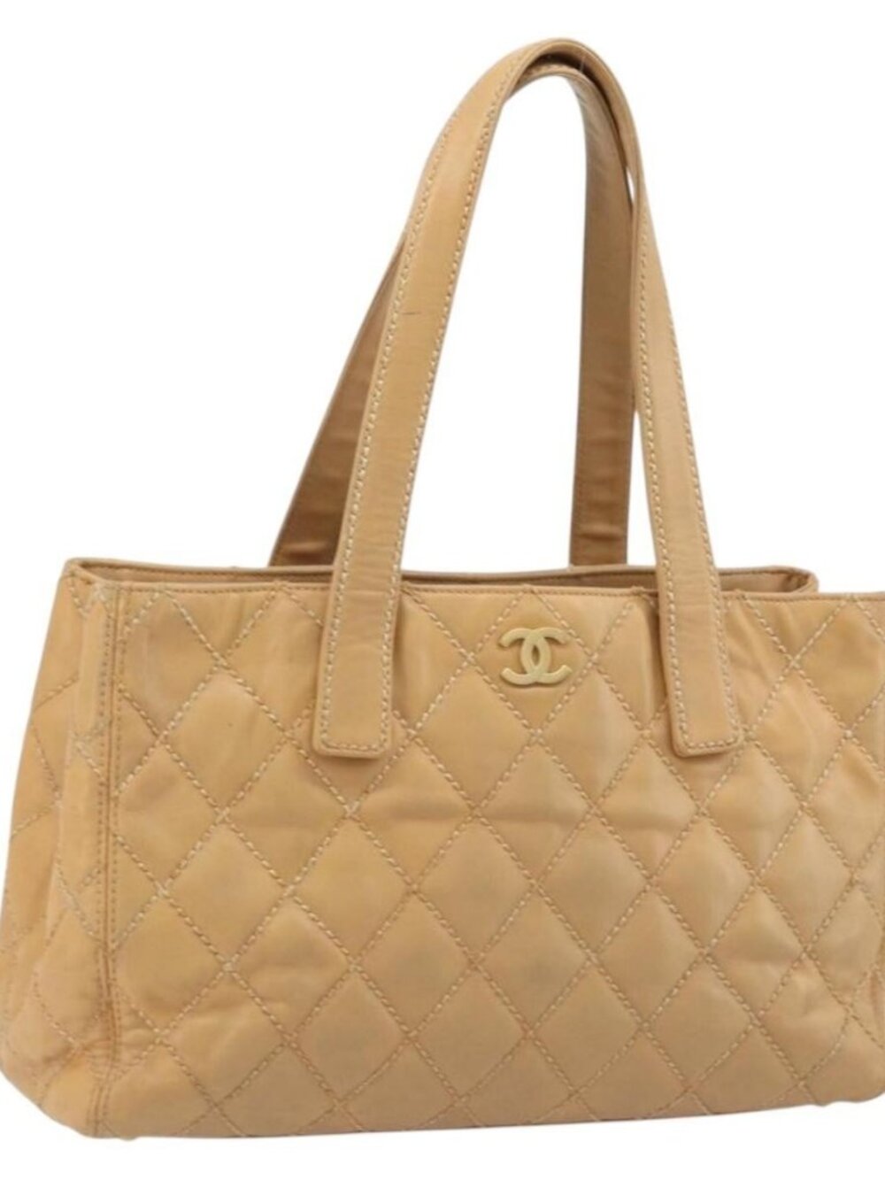 CHANEL Wild Stitch Hand Bag Leather Beige Gold CC Auth AMZ064